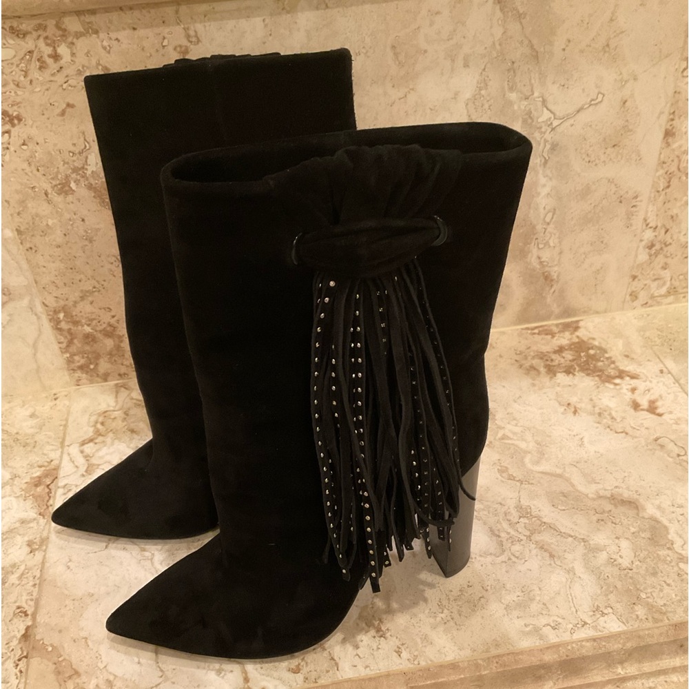 Saint Laurent Black Suede Ankle Boot with Silver Stud Fringe Size 37.5
